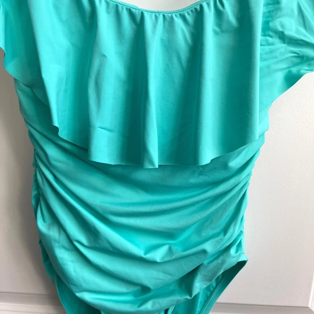 La Blanca One Piece Swimsuit Women 6 Teal‎ Ruffle Off Shoulder Ruched Lace Back